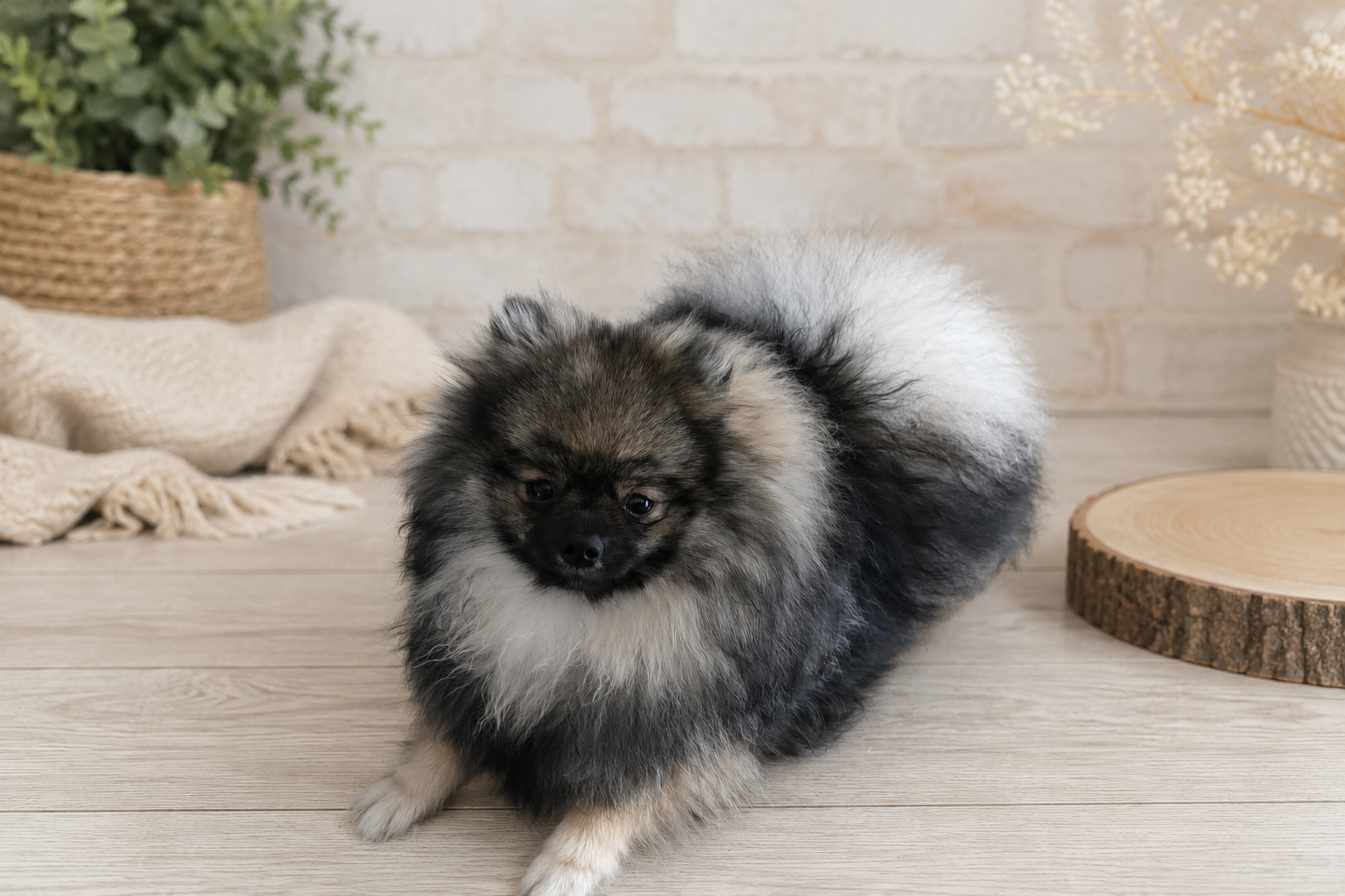 Loulou, Spitz allemand nain gris-loup, dans un décor aux tons naturels, élégants et lumineux.